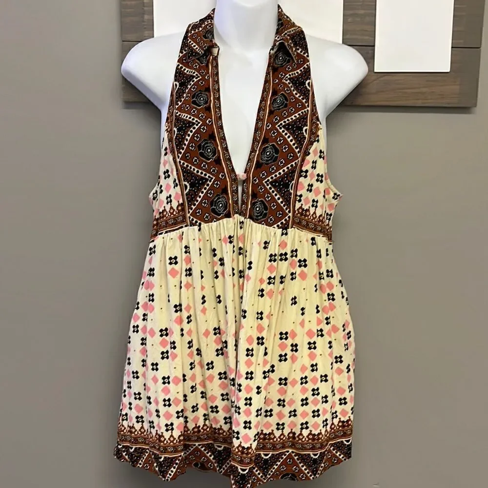 Free People Sleeveless Collared Boho Flowy Key Hole Tank V-Neck Tunic- Medium